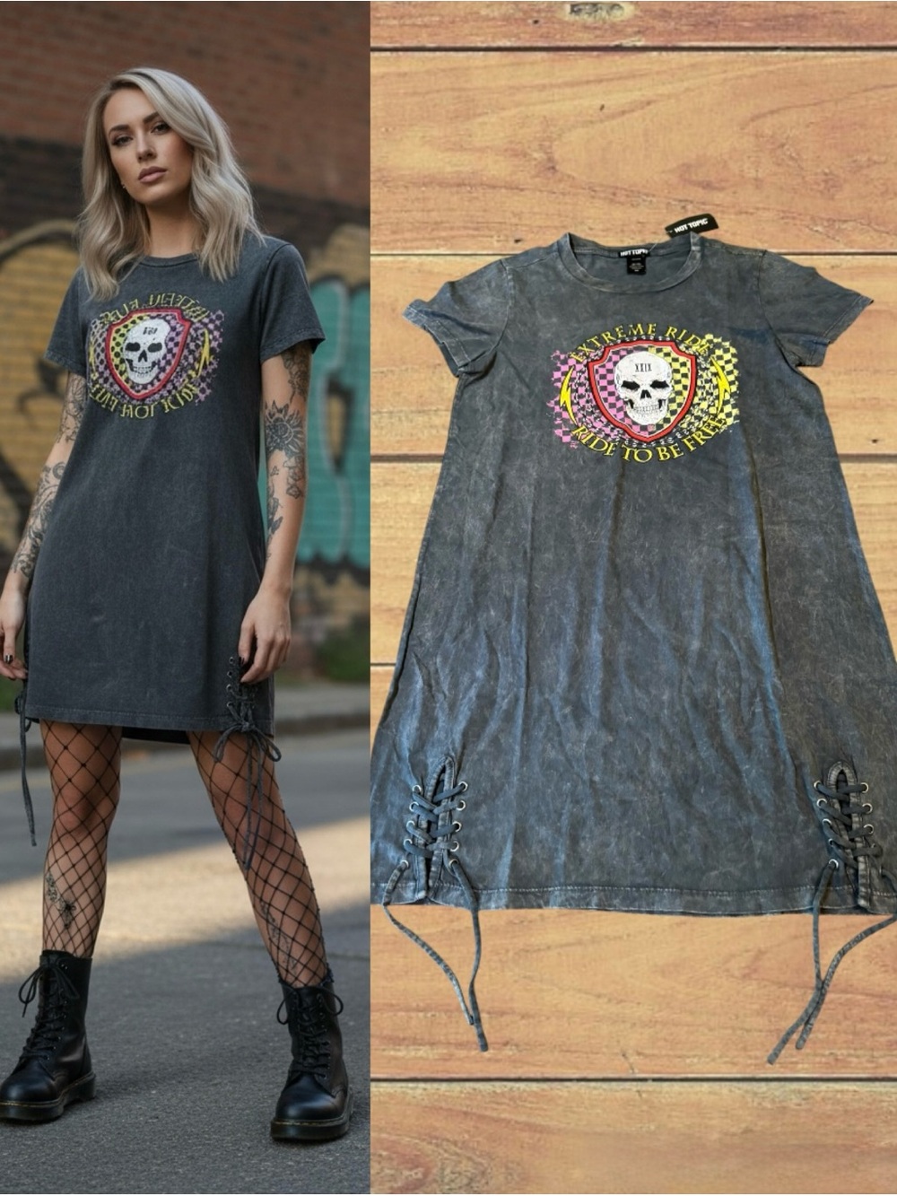 Hot Topic Skull T‑Shirt Dress Grey Acid Wash Lace‑Up Sides Ride Free Graphic NWT